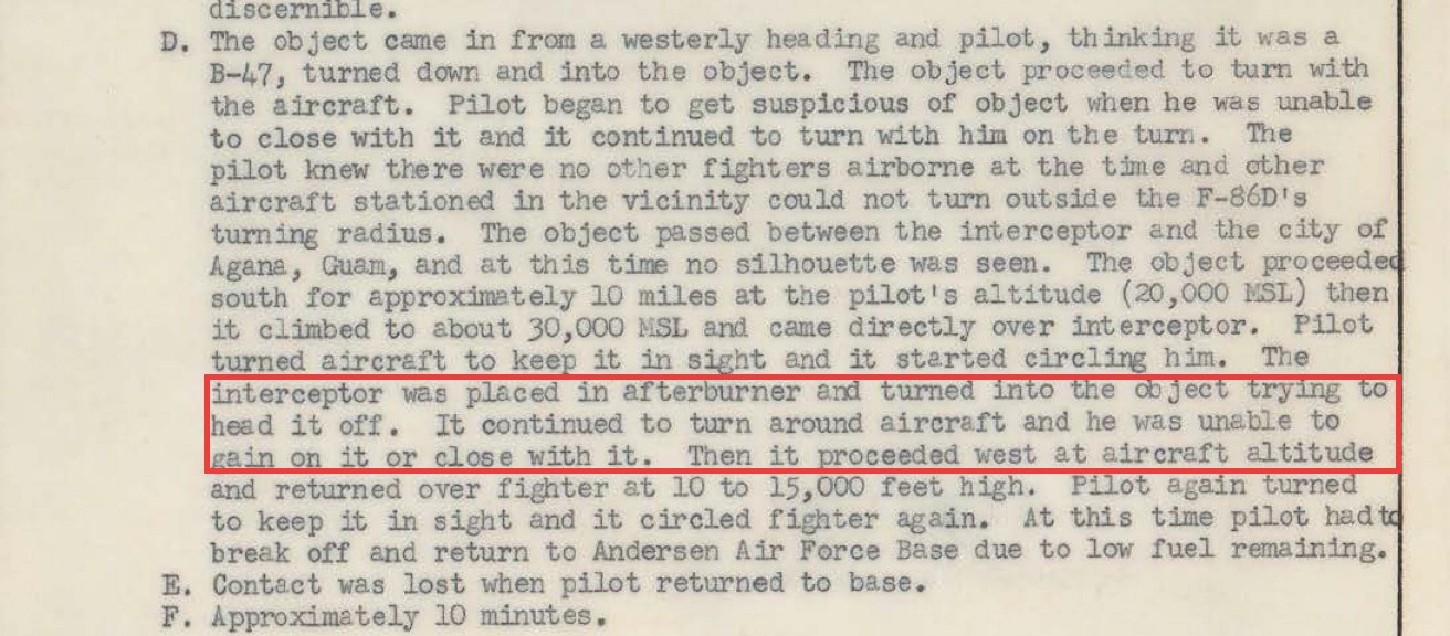 Part 2 of the Guam report in DOW-UAP-D156, the typed narrative of the chase. A red outline marks the lines saying the interceptor was placed in afterburner and turned into the object, and that the pilot was unable to gain on it or close with it.