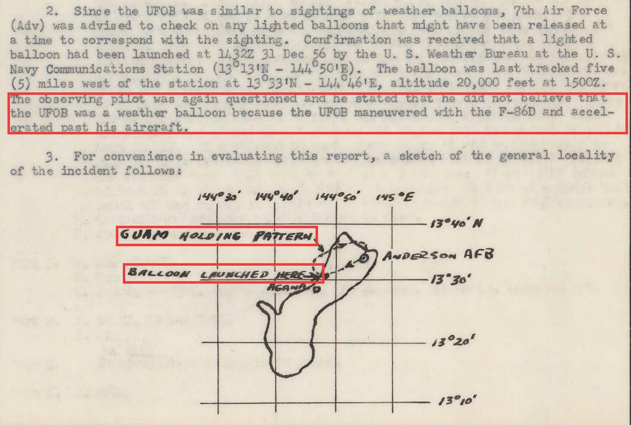 Page 3 of DOW-UAP-D156: the paragraph on the lighted weather balloon check and the pilot's objection that the object maneuvered with the F-86D and accelerated past his aircraft, above a hand-drawn sketch of Guam labeled Guam Holding Pattern, Balloon Launched Here, Agana and Anderson AFB. Red outlines mark the pilot's objection and the two labels.
