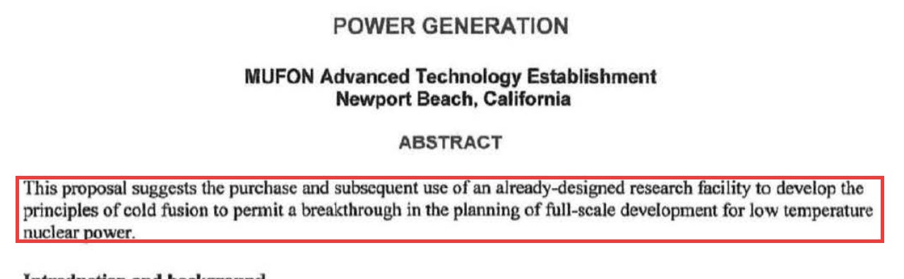 Top of the Power Generation paper in DOW-UAP-D166 with the MUFON Advanced Technology Establishment header and an abstract proposing the purchase of an already-designed research facility to develop the principles of cold fusion. A red outline marks the abstract.