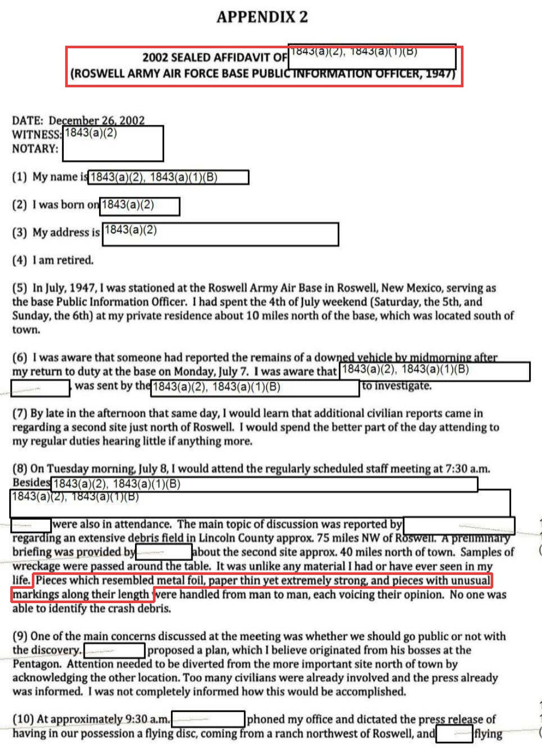 First page of Appendix 2 in DOW-UAP-D168: the heading 2002 Sealed Affidavit of a redacted name, Roswell Army Air Force Base Public Information Officer, 1947, and the sentence about wreckage pieces resembling metal foil, each outlined in red, with numbered paragraphs 1 through 10 and several names redacted.