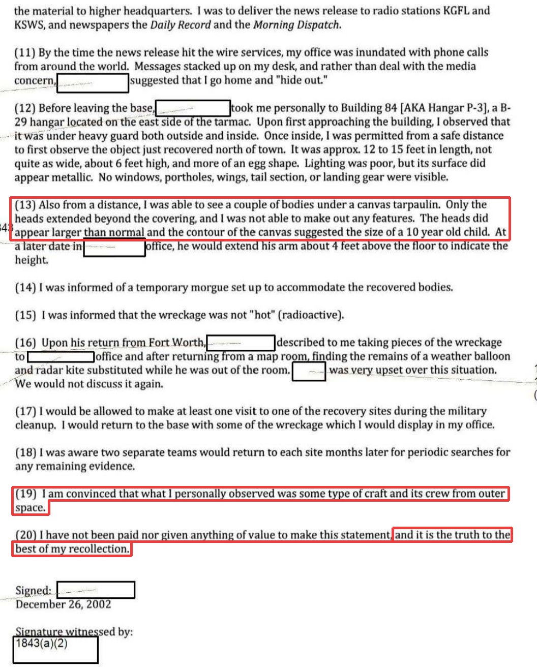 Second page of the affidavit in DOW-UAP-D168, paragraphs 10 through 20, signed and dated December 26, 2002. Red outlines mark paragraph 13 (the bodies under a tarpaulin), paragraph 19 (the affiant's conviction) and the closing words of paragraph 20 (the truth to the best of my recollection).