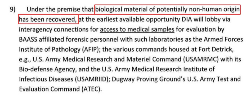 Excerpt from DOW-UAP-D168, page 13 of the PDF (page 7 of the plan), item 9. A red outline marks the words: "biological material of potentially non-human origin has been recovered."