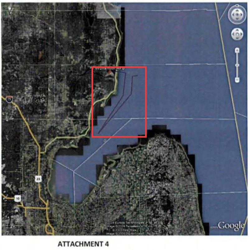 Satellite map from Attachment 4 of DOW-UAP-D170 showing Wurtsmith Air Force Base on the Lake Huron shoreline with thin plotted track lines running out over the lake; a red box marks the plotted track.