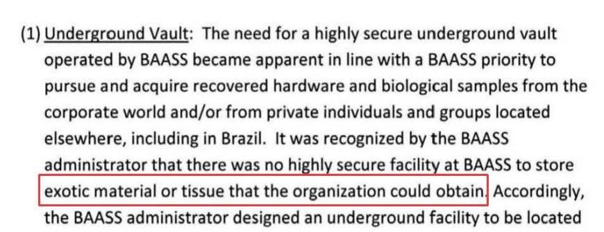 Excerpt from DOW-UAP-D171, page 7, "Progress on New BAASS Facilities," item (1) Underground Vault. A red box marks the sentence: "exotic material or tissue that the organization could obtain."