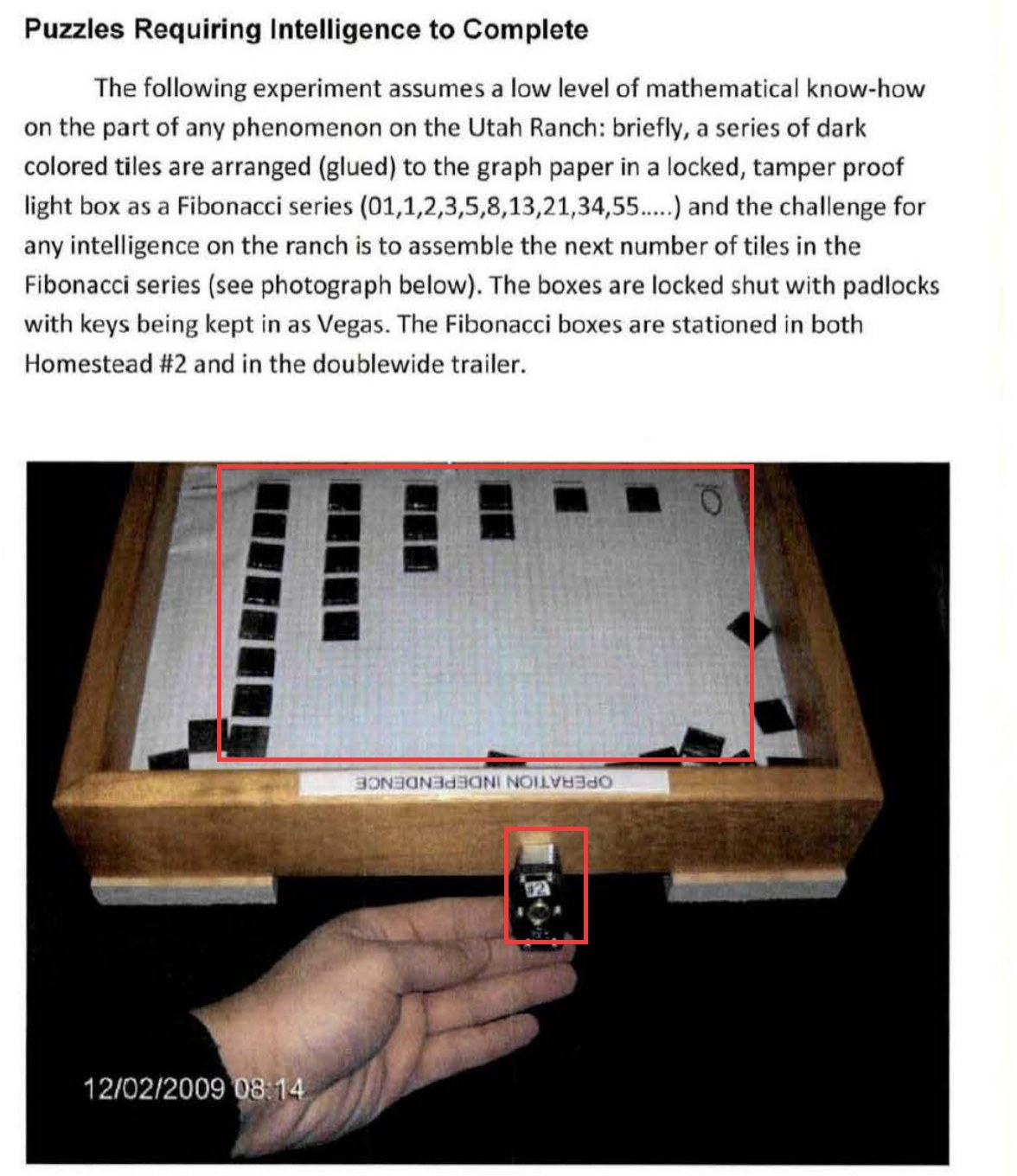 Page from DOW-UAP-D173 describing puzzles requiring intelligence to complete, with a photograph of a wooden light box holding columns of dark tiles on graph paper and a hand holding the padlock on its front, time stamped 12/02/2009. Red outlines mark the tile columns and the padlock.