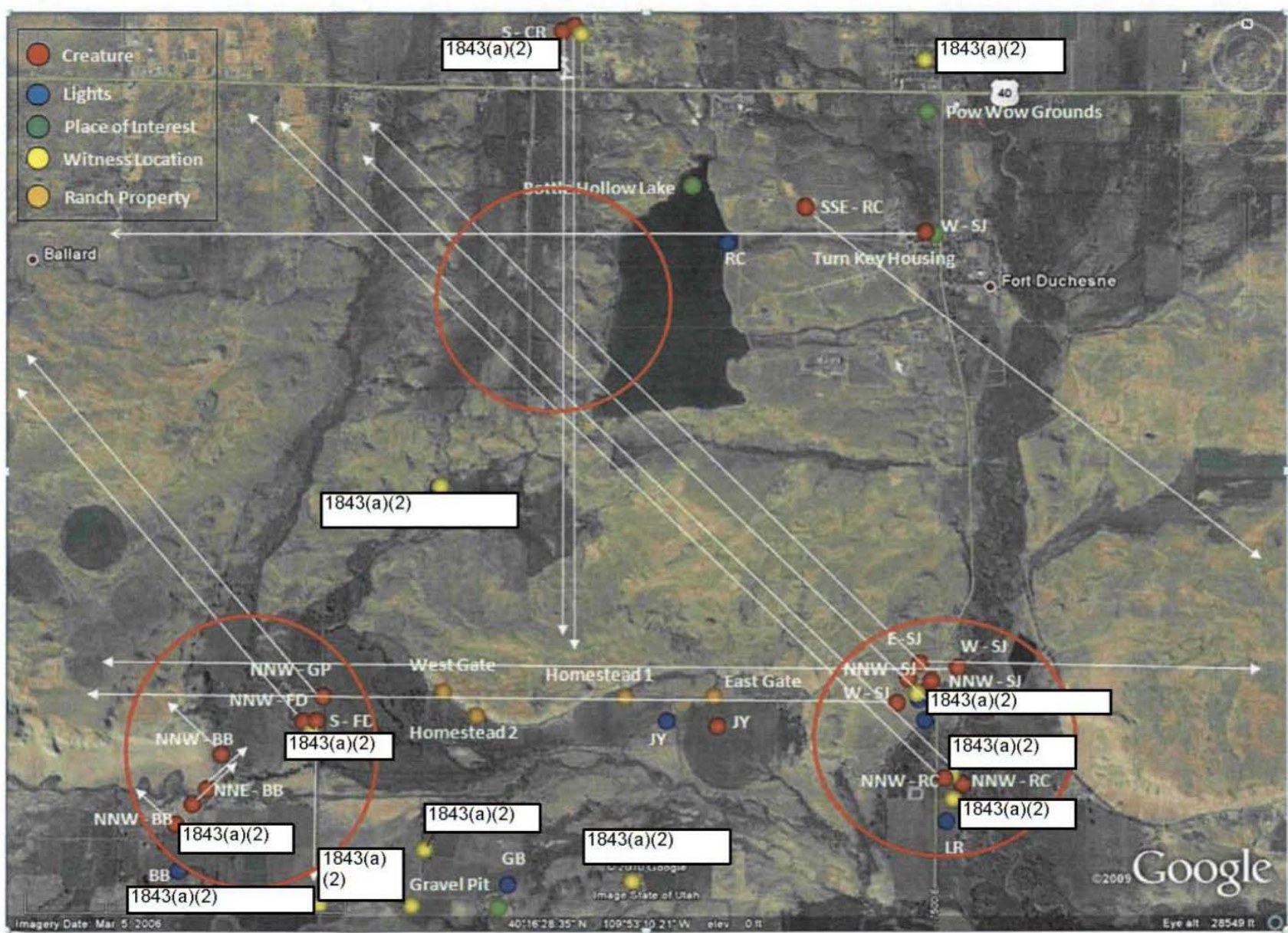 Google Earth map from the Utah Ranch report with colored dots for creature sightings, lights, places of interest, witness locations and ranch property, white lines extrapolating witness-reported directions of travel, and three red circles where the lines cross.