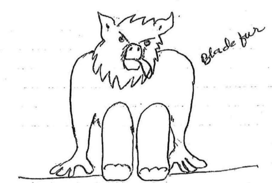 Pen drawing of a seated, black-furred creature with a pig-like snout and mane-like fur, labeled black fur, drawn by a witness for investigators.