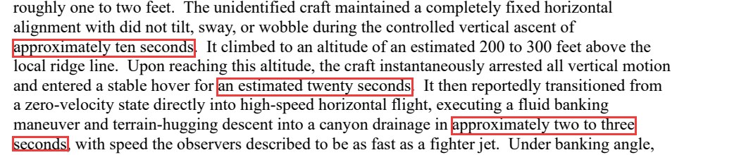 Excerpt from DOW-UAP-D176, page 1. Red outlines mark the three phase durations: approximately ten seconds of vertical ascent, an estimated twenty seconds of hover, and approximately two to three seconds for the banking descent into a canyon drainage.