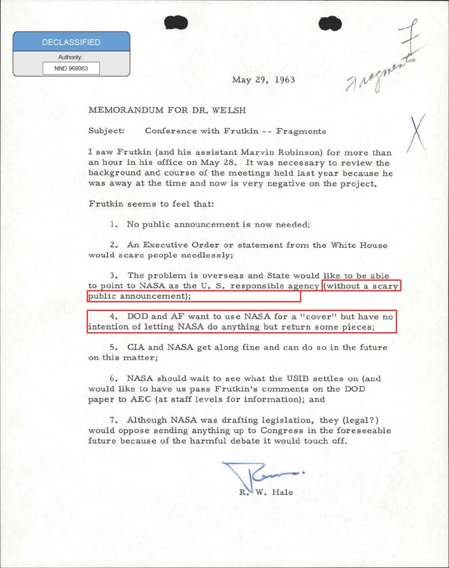 The one-page May 29, 1963 memorandum from R. W. Hale to Dr. Welsh, subject Conference with Frutkin, Fragments, with seven numbered points. Red outlines mark point 3's parenthetical, without a scary public announcement, and point 4, DOD and AF want to use NASA for a cover.