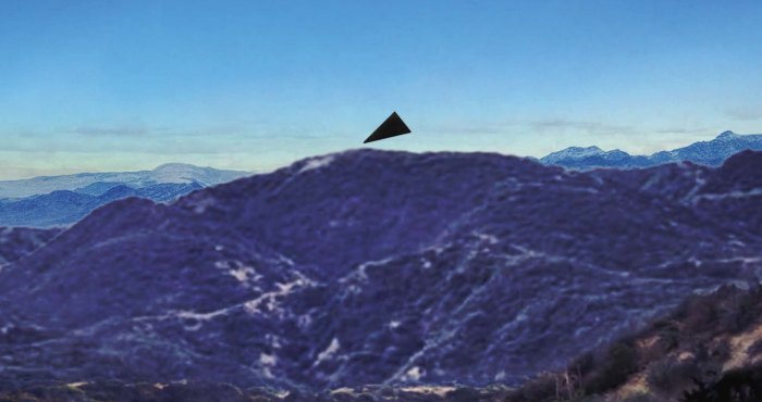One of nine unlabeled images in FBI-UAP-D043: a dark triangle over a ridgeline at dusk.